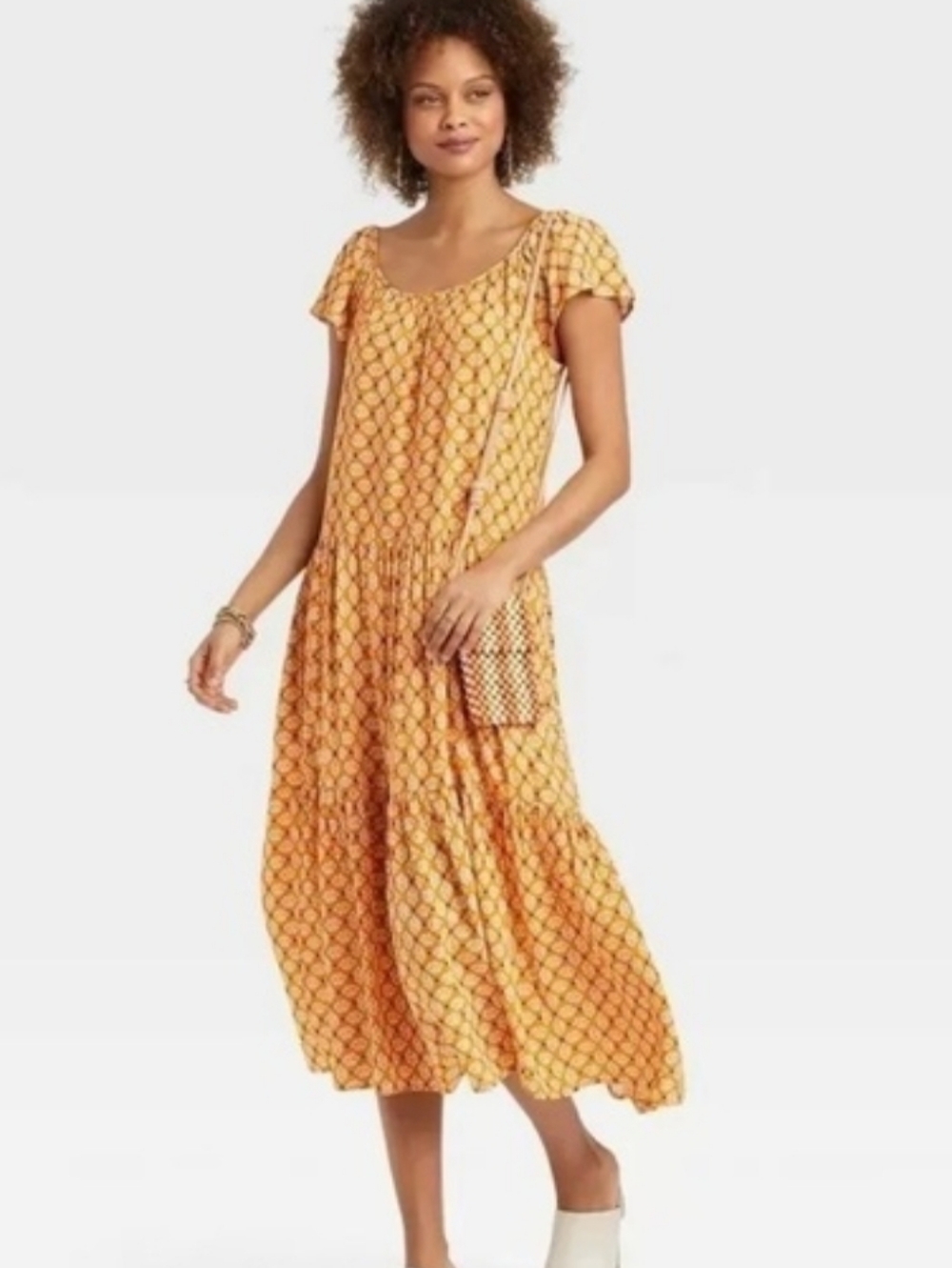 Knox Rose Midi Dress Size XL Orange Geometric Print Ruffle Cap Sleeve Pockets